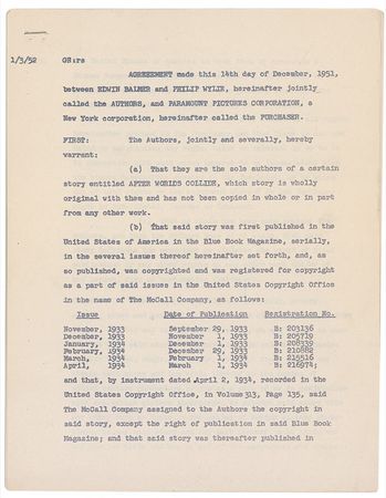 Lot #650 Philip Wylie and Edwin Balmer Signed Document - Image 1