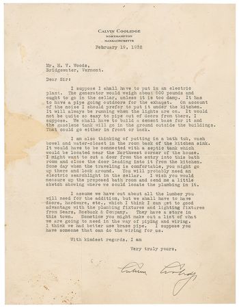 Lot #25 Calvin Coolidge: Coolidge plans for indoor