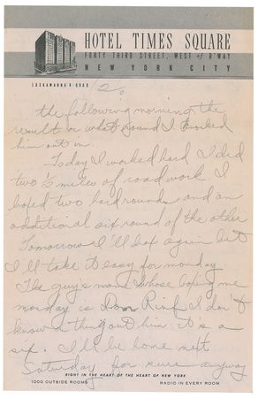 Lot #1654 Rocky Marciano: ?I boxed two hard rounds and an additional six round of the other. Tomorrow I?ll box again but I?ll take it easy for Monday. The guy?s name whose [sic] boxing me Monday is Ron Rinf? - Image 1