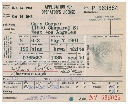 Lot #1143 Gary Cooper: Cooper’s California driver’s license, issued the year he won the Academy Award for Sergeant York - Image 1