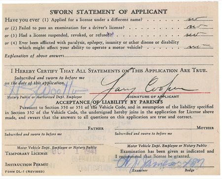 Lot #1143 Gary Cooper: Cooper’s California driver’s license, issued the year he won the Academy Award for Sergeant York - Image 2