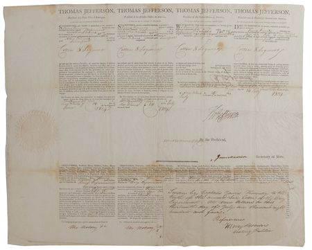 Lot #67 Thomas Jefferson and James Madison: Exceptional four-language ship?s papers bearing a particularly robust Jefferson signature - Image 1