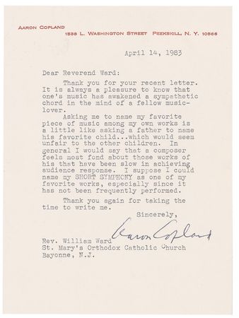Lot #793 Aaron Copland: “I suppose I could name my Short Symphony as one of my favorite works, especially since it has not been frequently performed” - Image 1