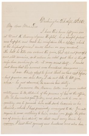 Lot #165 Clara Barton: Barton’s reassuring message to the parents of a Civil War soldier shot at Second Bull Run—an exceedingly scarce war-dated letter relating her hospital and battlefield visits - Image 1