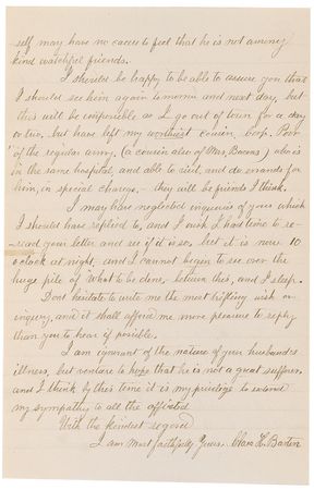 Lot #165 Clara Barton: Barton’s reassuring message to the parents of a Civil War soldier shot at Second Bull Run—an exceedingly scarce war-dated letter relating her hospital and battlefield visits - Image 2