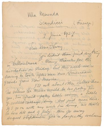 Lot #570 D. H. Lawrence: Looking after ?our two American friends from New Mexico,? Lawrence pens a 1927 letter as Lady Chatterley's Lover makes him a wealthy man - Image 1