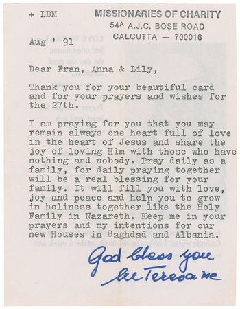 Lot #285 Mother Teresa Typed Letter Signed - Image 1