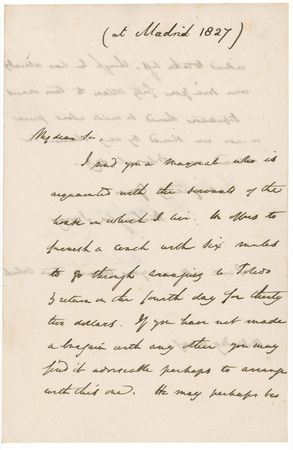 Lot #565 Washington Irving: Repairing his bruised ego in Spain, Irving displays keen travel frugality - Image 1