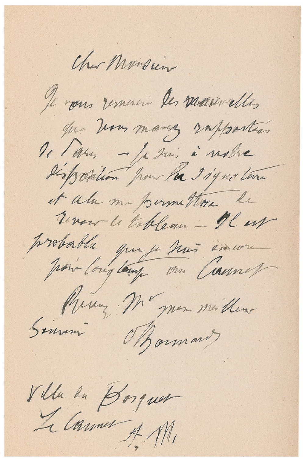 Lot 543 Pierre Bonnard: “I am at your disposition for the signing and this will also permit me to see my painting again”