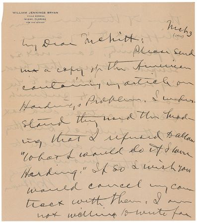 Lot #193 William Jennings Bryan: Stern reaction from Bryan after his “sense of propriety” is betrayed: “I am not so stupid as to use that headline” - Image 1