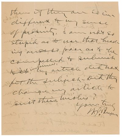 Lot #193 William Jennings Bryan: Stern reaction from Bryan after his “sense of propriety” is betrayed: “I am not so stupid as to use that headline” - Image 2