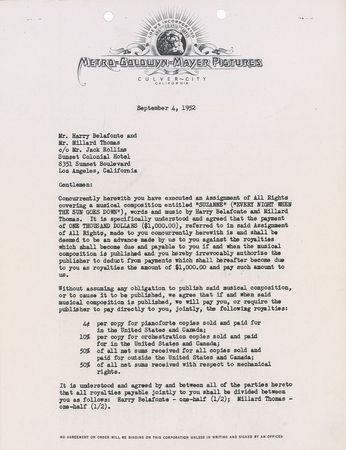 Lot #980 Harry Belafonte Signed Document - Image 1