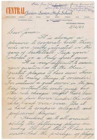 Lot #1601 John Wooden: In 1943, Wooden lists basketball’s best “all truly great players” - Image 1