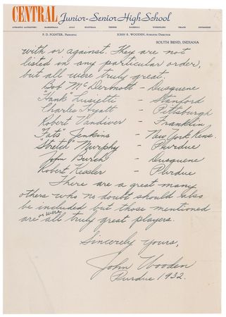 Lot #1601 John Wooden: In 1943, Wooden lists basketball’s best “all truly great players” - Image 2