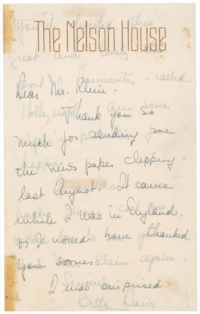 Lot #1040 Bette Davis: “I was surprised you’d deserted this great and lovely cess pool of humanity—called Hollywood” - Image 1