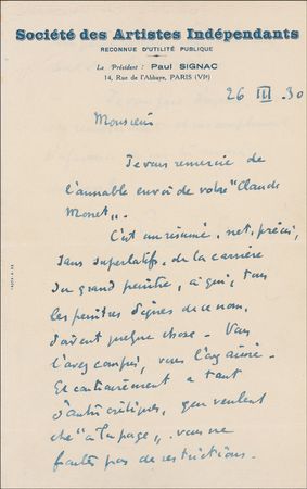 Lot #646 Paul Signac: ?It is a clear, precise, and un-exaggerated resume of the career of the great painter to whom all painters worthy of the same owe something? - Image 1