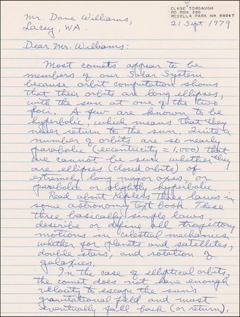 Lot #524 Clyde W. Tombaugh: ?Lexall?s comet orbit of 1757 had its orbit drastically changed when the comet chanced to plow thru Jupiter?s satellite system? - Image 1