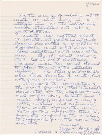 Lot #524 Clyde W. Tombaugh: ?Lexall?s comet orbit of 1757 had its orbit drastically changed when the comet chanced to plow thru Jupiter?s satellite system? - Image 2