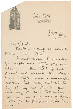 Lot #1227 Laurence Olivier: “But to employ such majestic materials as ‘War and Peace’ for that purpose, seems to me to be pouring rare wines into a cocktail shaker” - Image 1