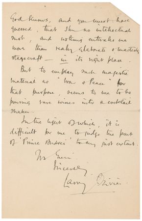 Lot #1227 Laurence Olivier: “But to employ such majestic materials as ‘War and Peace’ for that purpose, seems to me to be pouring rare wines into a cocktail shaker” - Image 2