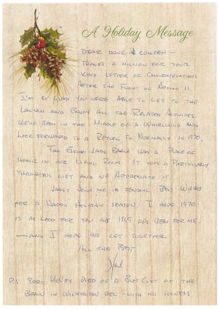 Lot #463 Neil Armstrong: Rare handwritten words from the first man on the moon: “Thanks a million for your kind letter of congratulations after the flight of Apollo 11. I’m so glad you were able to get to the launch