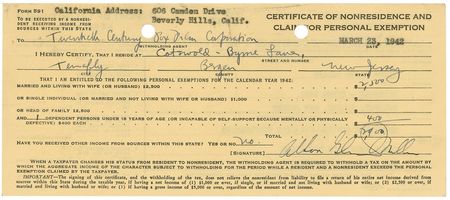 Lot #849 Glenn Miller: “Alton Glenn Miller” reports his Twentieth Century Fox earnings for 1942 - Image 1