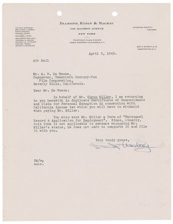 Lot #849 Glenn Miller: “Alton Glenn Miller” reports his Twentieth Century Fox earnings for 1942 - Image 3