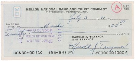 Lot #1577 Pie Traynor: Exceptionally scarce check, signed twice in full - Image 1
