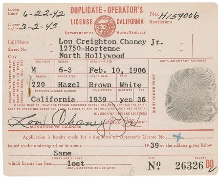 Lot #1018 Lon Chaney, Jr: Chaney?s 1942 driver?s license - Image 1