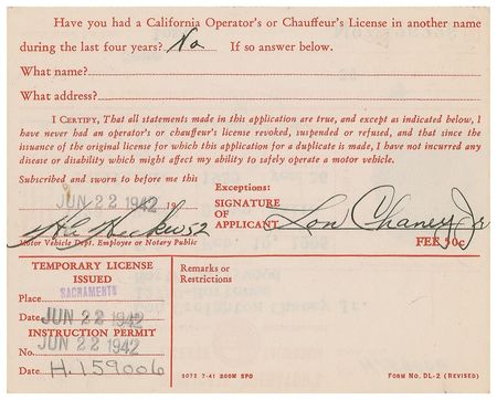 Lot #1018 Lon Chaney, Jr: Chaney?s 1942 driver?s license - Image 2