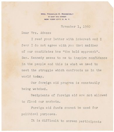 Lot #131 Eleanor Roosevelt: Roosevelt throws her support behind JFK: 