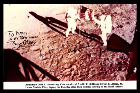 Lot #444 Apollo 11: A very rare â??Flag Deploymentâ?? photograph signedby both Neil Armstrong and the complete crew - Image 1