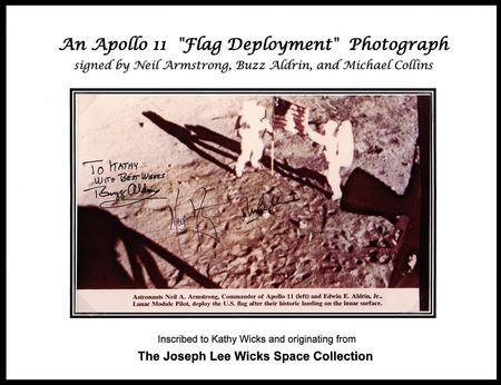 Lot #444 Apollo 11: A very rare â??Flag Deploymentâ?? photograph signedby both Neil Armstrong and the complete crew - Image 2