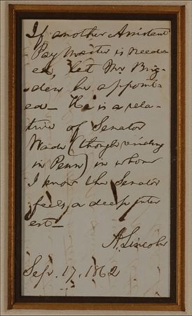 Lot #95 Abraham Lincoln: Lincoln approves the hiring of radical Republican Wade's nephew as the Battle of Antietem is fought to a Union victory in the single bloodiest day of the war - Image 2