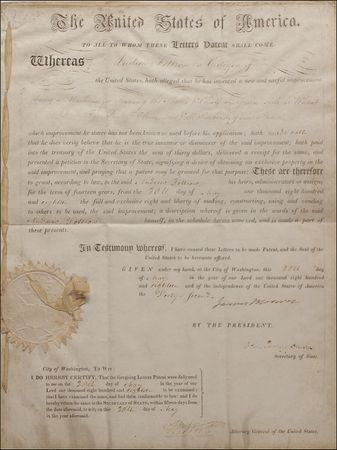 Lot #99 James Monroe and John Quincy Adams: Monroe and Adams sign a patent for chaffing wheat - Image 1
