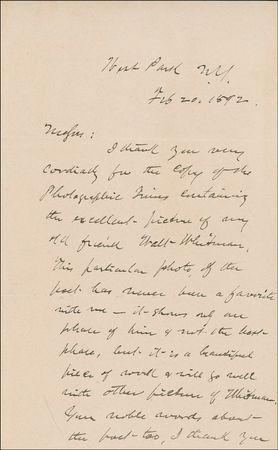 Lot #202 John Burroughs: Burroughs sends thanks for “the excellent picture of my old friend Walt Whitman” - Image 1