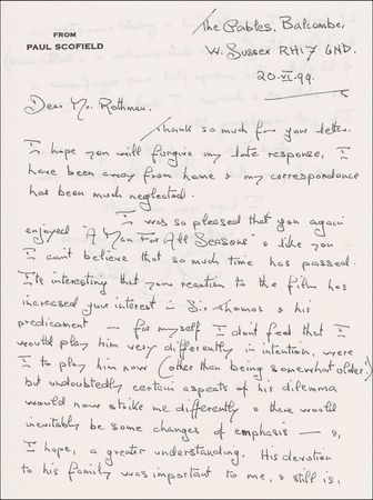 Lot #1359 Paul Scofield: “I was so pleased that you again enjoyed ‘A Man for All Seasons’” - Image 1