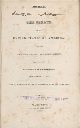 Lot #113 James K. Polk: Polk?s twice-signed personal copy of a Senate journal - Image 1