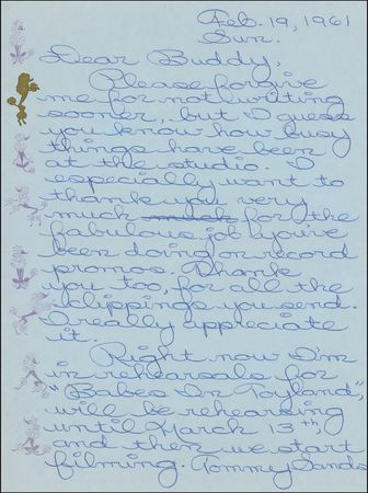 Lot #1216 Annette Funicello: ?Right now I?m in rehearsal for ?Babes In Toyland,??Tommy Sands and I will have our record released March 27th? - Image 1
