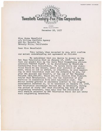 Lot #1303 Jayne Mansfield: Twentieth Century-Fox Films grants Mansfield a $10,000 appearance on the Bob Hope Show - Image 1