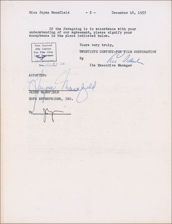 Lot #1303 Jayne Mansfield: Twentieth Century-Fox Films grants Mansfield a $10,000 appearance on the Bob Hope Show - Image 2