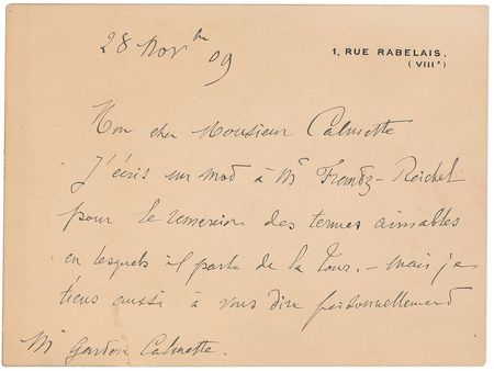 Lot #248 Gustave Eiffel: A rare letter in which the brilliant architect thanks a columnist for his positive words in the face of the tower?s demolition: ?I?m writing a note to Mr. Frantz Reichel to thank him for speaking about the tower in such friendly terms? - Image 1