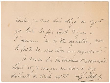 Lot #248 Gustave Eiffel: A rare letter in which the brilliant architect thanks a columnist for his positive words in the face of the tower?s demolition: ?I?m writing a note to Mr. Frantz Reichel to thank him for speaking about the tower in such friendly terms? - Image 2