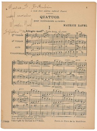 Lot #842 Maurice Ravel: Ravel signs a score of his only string quartet - Image 1