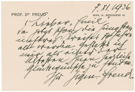 Lot #257 Sigmund Freud: Freud sends a congratulatory letter to a dear friend amidst a growing personal Nazi danger - Image 1