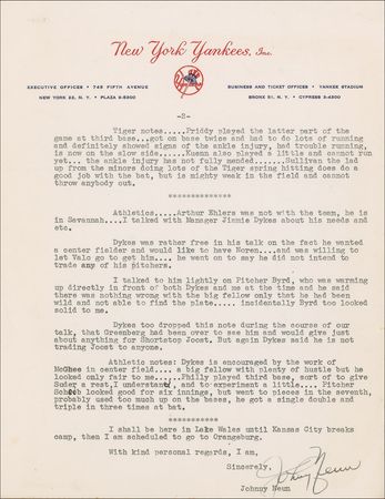 Lot #1589 NY Yankees: Johnny Neun: ?In talking with both Hutchinson and Gehringer on my visits, I am certain they both feel the club needs bolstering in many spots? - Image 1
