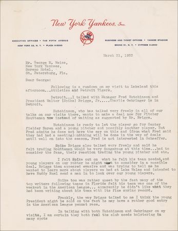 Lot #1589 NY Yankees: Johnny Neun: ?In talking with both Hutchinson and Gehringer on my visits, I am certain they both feel the club needs bolstering in many spots? - Image 2