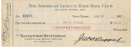 Lot #1595 NY Yankees: Jacob Ruppert and Ed Barrow Check - Image 1