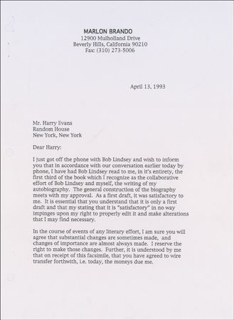 Lot #1143 Marlon Brando: After accepting $5 million from Random House to publish his 1995 autobiography, Brando?s refusal to act raises serious alarms - Image 1
