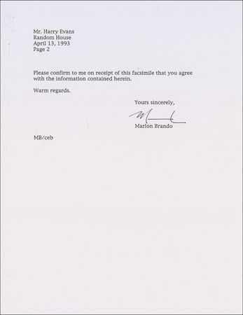 Lot #1143 Marlon Brando: After accepting $5 million from Random House to publish his 1995 autobiography, Brando?s refusal to act raises serious alarms - Image 2
